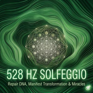 May include: A digitally created image featuring a swirling green background and a central geometric pattern. The words "528 HZ SOLFEGGIO" are prominently displayed in white, with the text "Repair DNA, Manifest Transformation & Miracles" underneath.