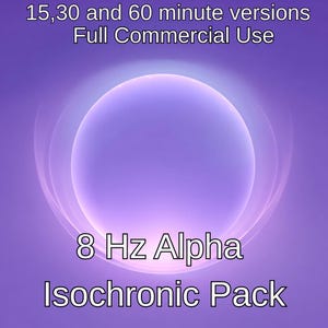 May include: A purple graphic featuring a central glowing sphere with concentric light rings. The text reads: 15, 30 and 60 minute versions, Full Commercial Use, 8 Hz Alpha, Isochronic Pack. The design uses a gradient purple background.