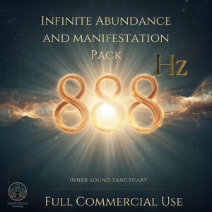 May include: A digital graphic with the text "INFINITE ABUNDANCE AND MANIFESTATION PACK" and "888 Hz". The image features three golden number 8s with a bright light emanating from the center, set against a dark blue background with star-like effects.