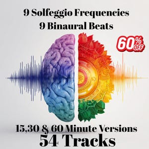 Puede incluir: Imagen que presenta un gráfico de cerebro dividido con visualizaciones de ondas de sonido. El lado izquierdo del cerebro es azul y morado, mientras que el lado derecho es un mandala colorido. El texto incluye "9 Solfeggio Frequencies", "9 Binaural Beats", "15, 30 & 60 Minute Versions" y "54 Tracks". Una pancarta roja indica un 60% de descuento.