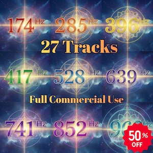 May include: A digital graphic with a cosmic background features nine circular designs with numbers and the letters "Hz". The text "27 Tracks" and "Full Commercial Use" are also displayed. A red circle with "50% OFF" is in the bottom right.