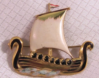 c1940's Coro Gold Plated Sterling Enameled Viking Ship Brooch