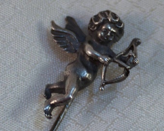 Victorian Sterling Cupid Hat Pin, Stick Pin, Cupid Stick Pin