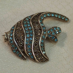 1960&#39;s Blue Rhinestone and Marcasite Tropical Fish Brooch