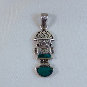 Vintage Pre-Columbian Aztec Inspired Sterling God Pendant with Malachite Stones
