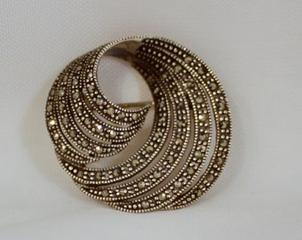 1980's Reproduction Comet Swirl Sterling Marcasite Brooch, Art Deco Inspired Brooch