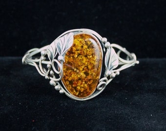 Large Polish Honey Amber Sterling Cuff Bracelet with Cala Lily Like Flower Designs, 6.5" Circumference