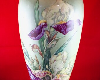 Vintage Hand Painted Austrian Porcelain Vase With Purple Bearded Iris Flowers