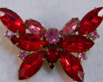 1960's Juliana, D & E Red Rhinestone Butterfly Brooch