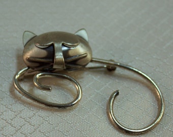 BEAU Sterling Midcentury Modernist Cat Brooch, Pink Panther Stylized Cat Brooch
