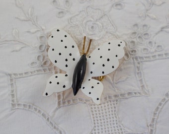 Vintage Original by Robert Enameled White and Black Pod-a-Dot Butterfly Brooch