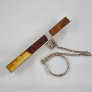 Vintage Czechoslovakian Mid Century Sterling Money Clip With Tri-Color Amber Inlay