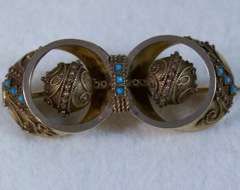 Antique Edwardian Gold Filled Brooch with Intricate Wire Work and Turquoise Stones