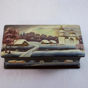 Handpainted Russian Lacquered Box, Mother of Pearl Laquered Russian Trinket Box, Winter Scene