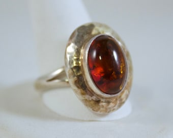 Vintage Dominque Dinoart DDD, Mexico Sterling and Amber Ring