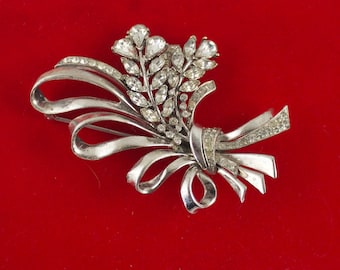 Rare 1940's Corocraft Sterling Crystal Wheat Stems and Ribbons Brooch