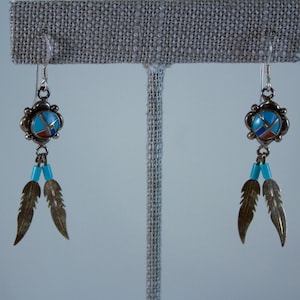 Navajo Styled Sterling Inlaid Button Dangle Earrings with Feathers