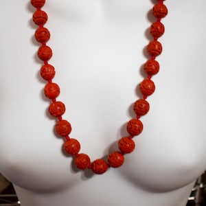 Vintage Chinese Export Carved Red Cinnabar Bead Necklace