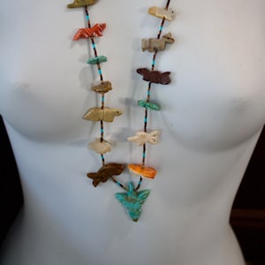 Vintage Zuni Fetish Necklace, Carved Animal and Fish Fetish Necklace Raymond Gasper Style