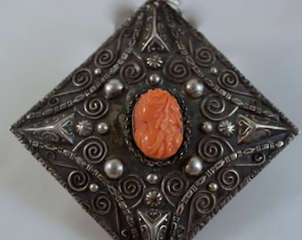 Rare 800 Silver Victorian Orange Coral Cameo Pendant