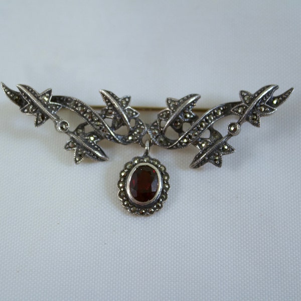 Vintage Art Deco Sterling and Marcasite Swag Brooch with Garnet Pendant