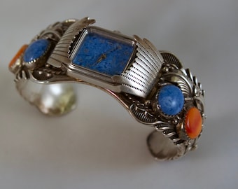 Handcrafted Navajo Sterling, Coral and Turquoise Watch Band