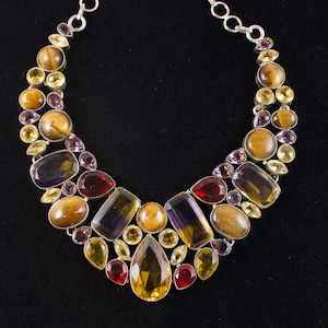 Vintage Bali Multi Stone Bib Necklace, Ametrine, Citrine, Amethyst and Tiger Eye Sterling Necklace