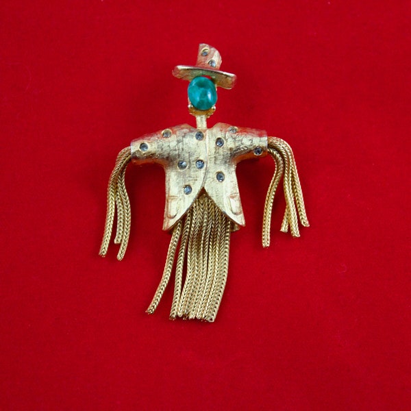 c1970's Unsigned Pauline Rader or Jeanne Gold Plated Scarecrow Brooch with Crystal Rhinestones