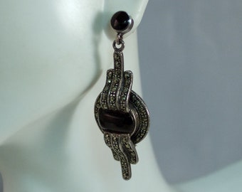 1980's Art Deco Tassle Style Sterling, Marcasite and Onyx Dangle Earrings