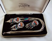 New Mexico QT Native American Inlaid Sterling Hearts Earrings and Liquid Silver Necklace Set