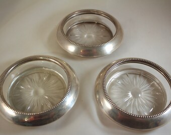 Sterling and Glass Vintage Signed Sterling Circa Modernist Kitchen Rimmed Glass Coasters Service Plate with Sterling Rim Hollowware HST