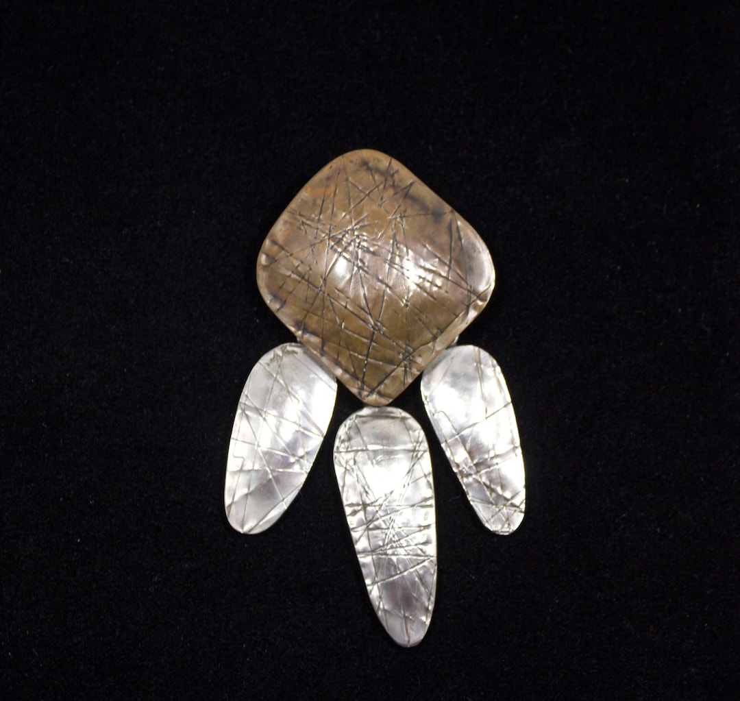 Broche Ancienne En Argent Massif 925 Style Brutaliste Abstrait - Signée EHH - Pièce Unique