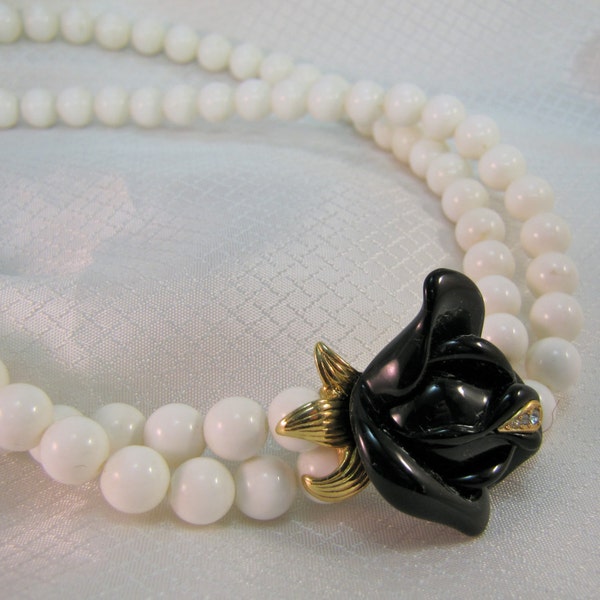 Kenneth Jay Lane for Avon White Bead Necklace with Black Rose Clasp