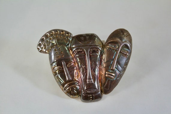 Vintage Artist Signed African Tribal Masks Brooch… - image 1