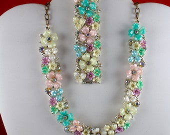 Vintage Signed ART Thermoplastic Demi Parure Necklace and Bracelet Set, Pastel Flowers and AB Crystals