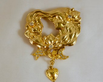 Kirks Folly Art Nouveau Maiden Brooch With Cupid and Celestial Charms