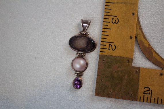 Smokey Druzy, Pink Mabe Pearl, and Amethyst Sterl… - image 4