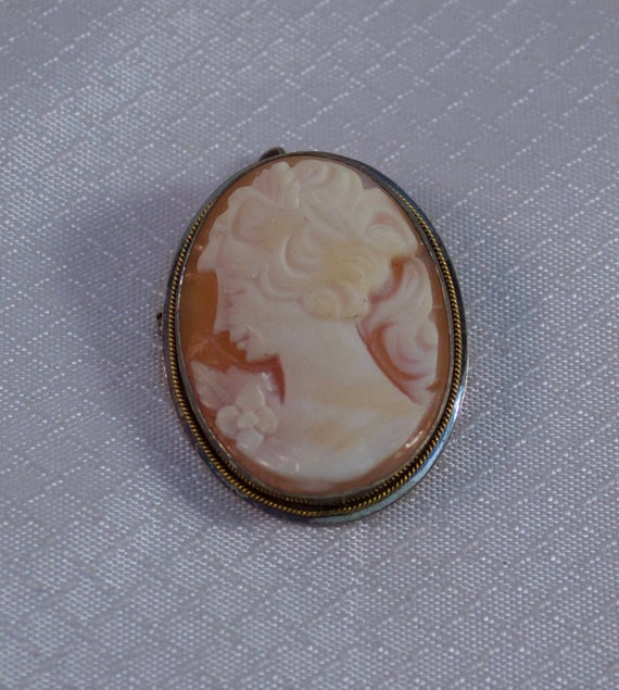 Pendentif Broche Camée Sculpté Sur Monture En Argent Massif 925 - Bijou Vintage Occasion