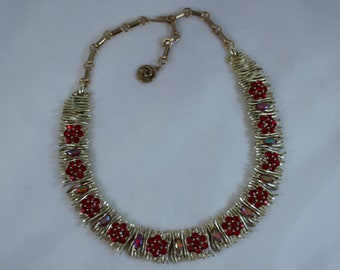 Vintage Mid Century Lisner Modernist Gold Necklace with Ruby Red Rhinestone Florets