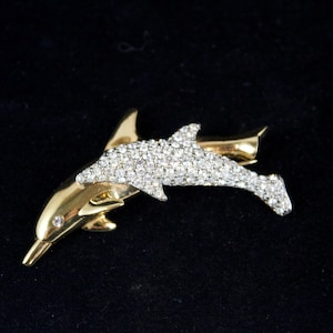 c1980&#39;s Swarovski Gold Plated Swimming Dolphins Brooch, Authentic Swarovski Dolphin Brooch