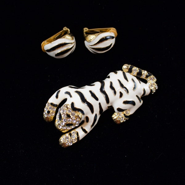 Vintage White Enameled Tiger Brooch with Matching Clip Earrings