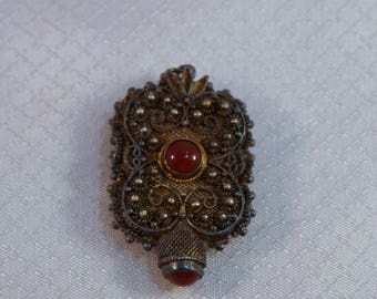 Edwardian-Victorian Era Gold Gilt Filigree Silver Watch Fob/Pendant with Carnelian Cabochons