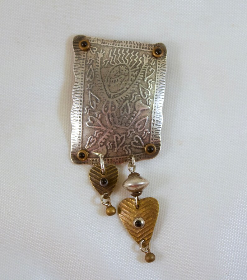Millodot Jane Carpenter Sterling Silver and Brass Handcrafted Brooch with Figural Dancer and Hearts