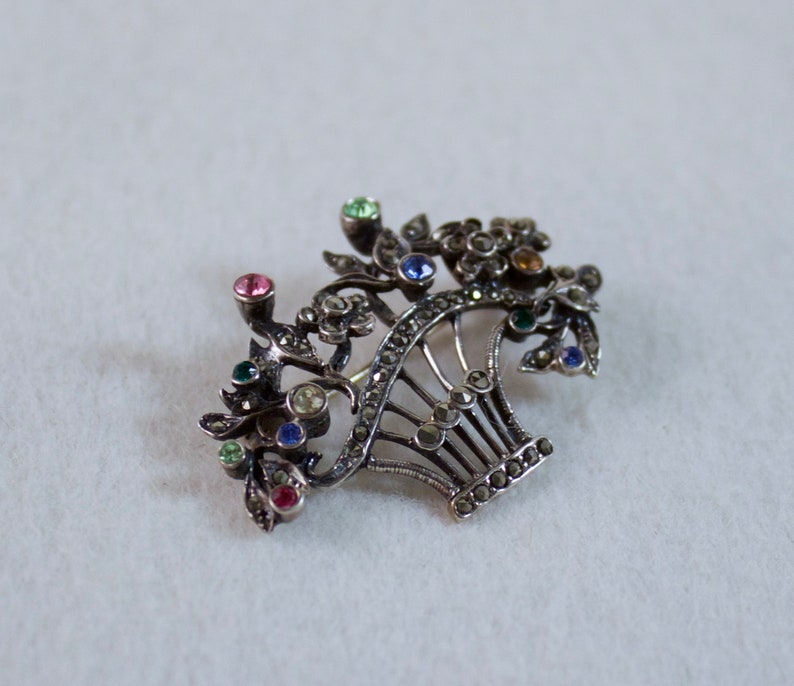 Vintage Italian Sterling Victorian Reproduction Vase Brooch with Rhinestone Flowers