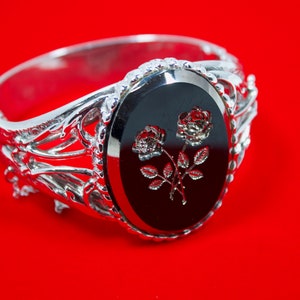 Vintage Whiting Davis Silver Hinged Bangle with Molded Glass Flower Cameo