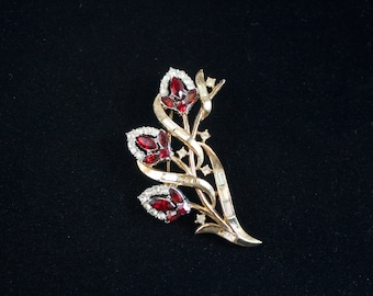 Vintage Alfred Philippe for Trifari Red and Crystal Rhinestone Flower Brooch