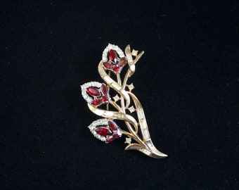 Vintage Alfred Philippe for Trifari Red and Crystal Rhinestone Flower Brooch