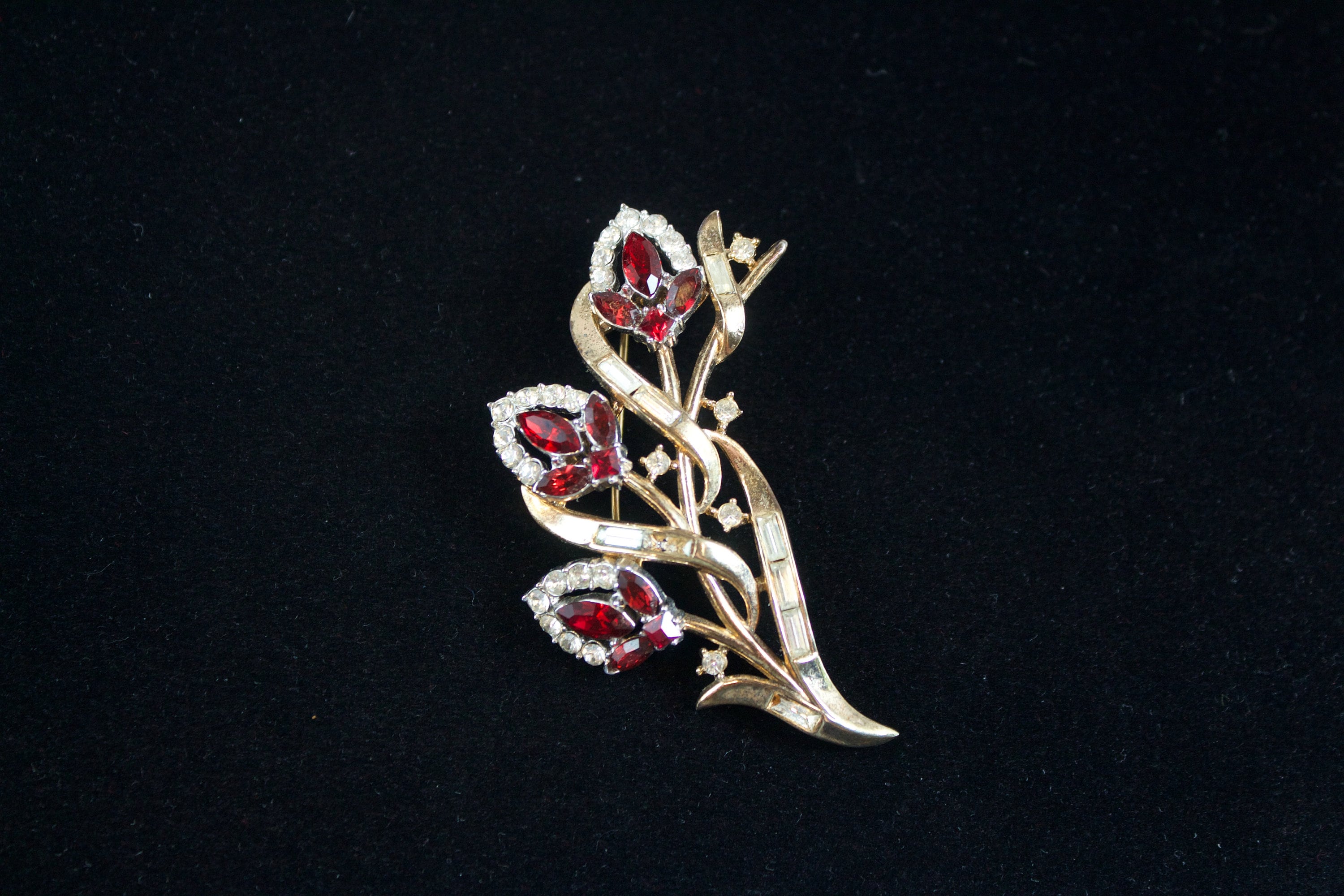 Vintage Alfred Philippe for Trifari Red and Crystal Rhinestone