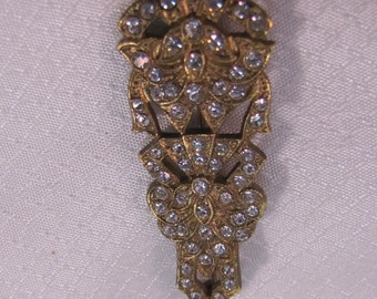 Vintage Art Deco Brass and Rhinestone Brooch