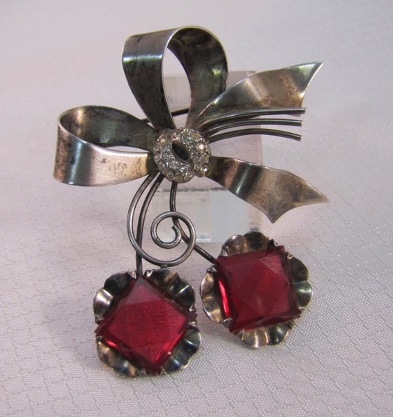 1940's Sterling Holiday Ribbon Brooch With Red Gla